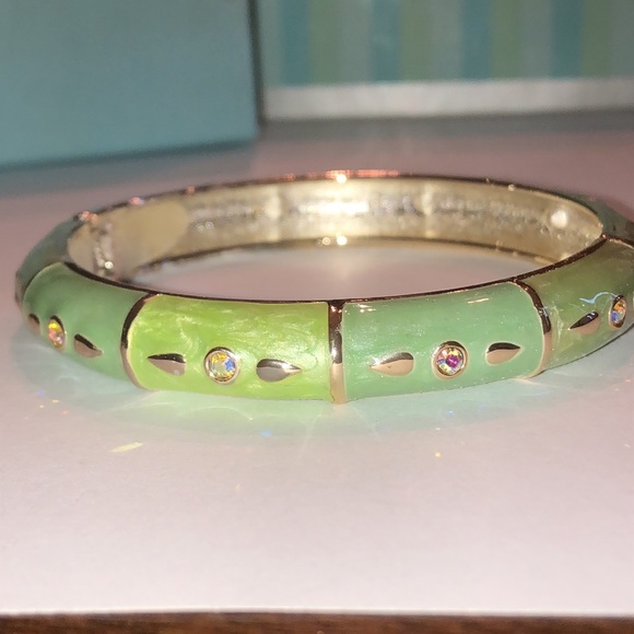 Jewelry - Green Enamel & Silver Tone CZ Hinged Bangle Bracelet